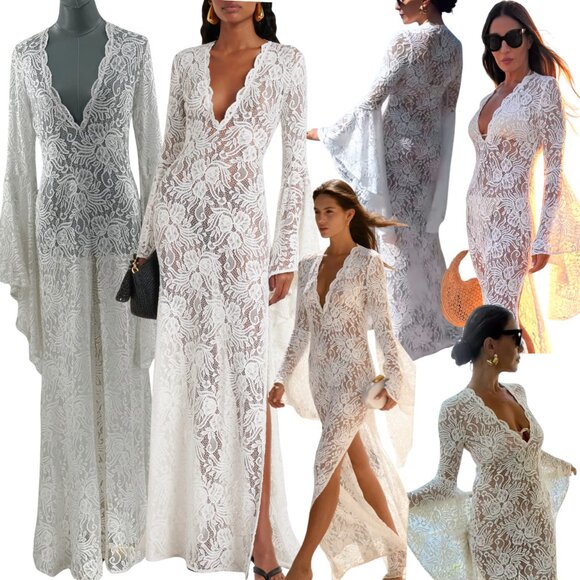 🆕 ALEXANDRA MIRO 🧿 NWOT Kara Long Boylen Sleeve Kaftan, Ivory Lace - Sz S - Picture 1 of 17